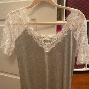VENUS Gray Lace-Trim Scoop Neck Top with White Lace Sleeves